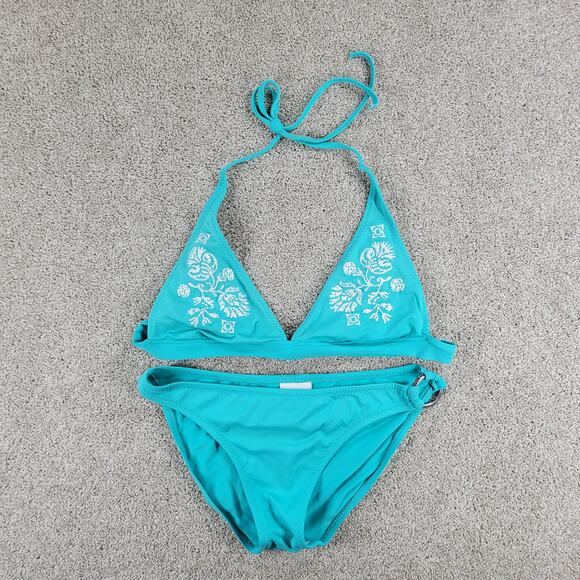Becca Womens Bikini Large Teal Blue 2 Piece Floral Embroidered Triangle Halter - Picture 3 of 16